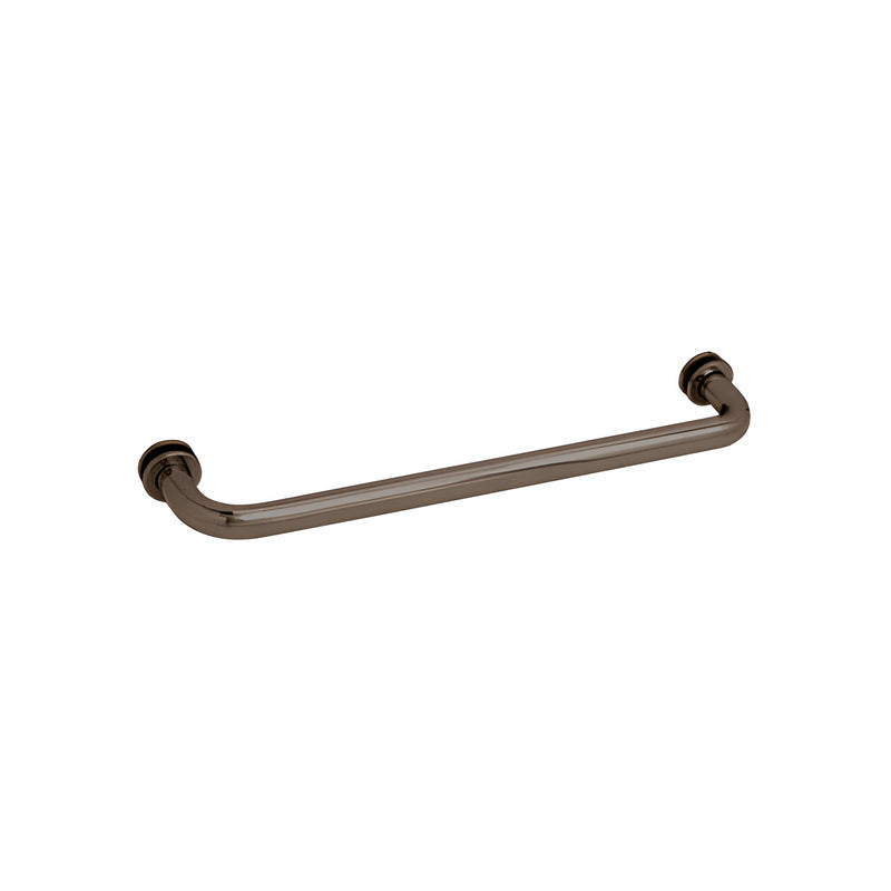 An 18-inch tubular single-sided towel bar in an oil rubbed bronze finish designed for glass mounting.