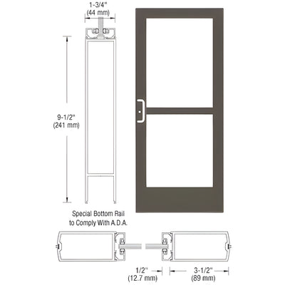 CRL-U.S. Aluminum Bronze Black Anodized Custom Single Series 400 Medium Stile Center Pivot Entrance Door With Panic for Overhead Concealed Door Closer