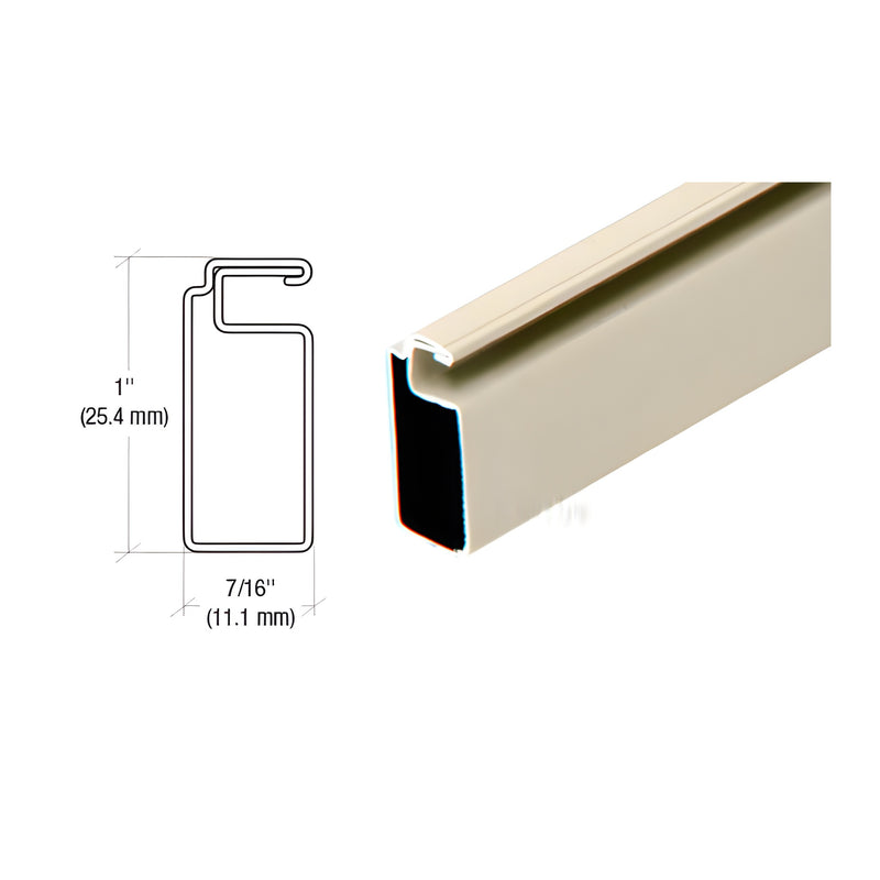 A beige roll formed aluminum screen frame shown with a technical cross-section diagram indicating 1-inch height and 7/16-inch width.