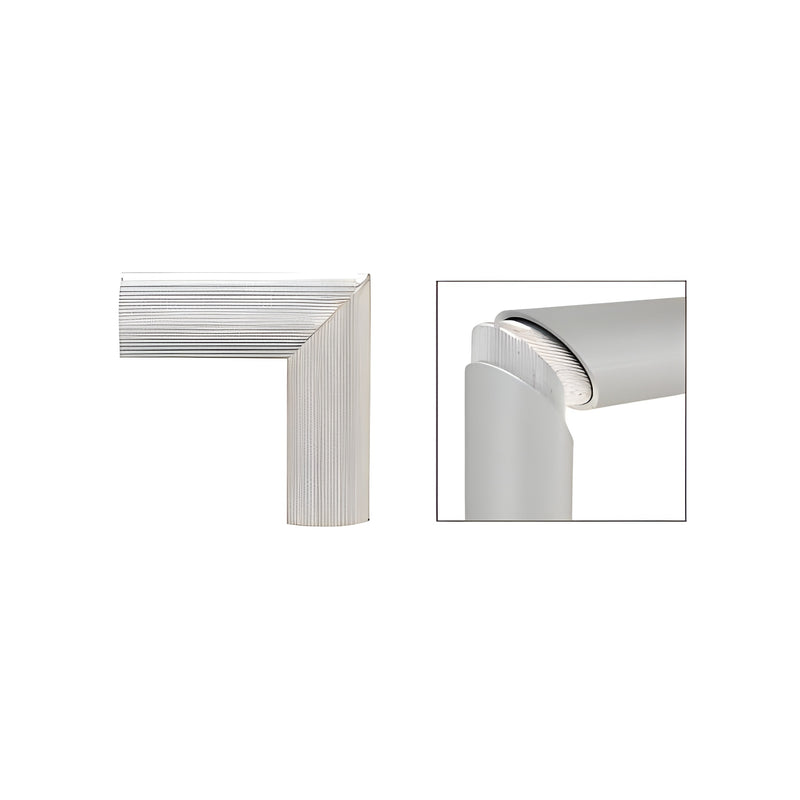 A mill finish 6063-T6 aluminum 90-degree internal splice connector for 3-1/2 inch cap rails shown in two views.