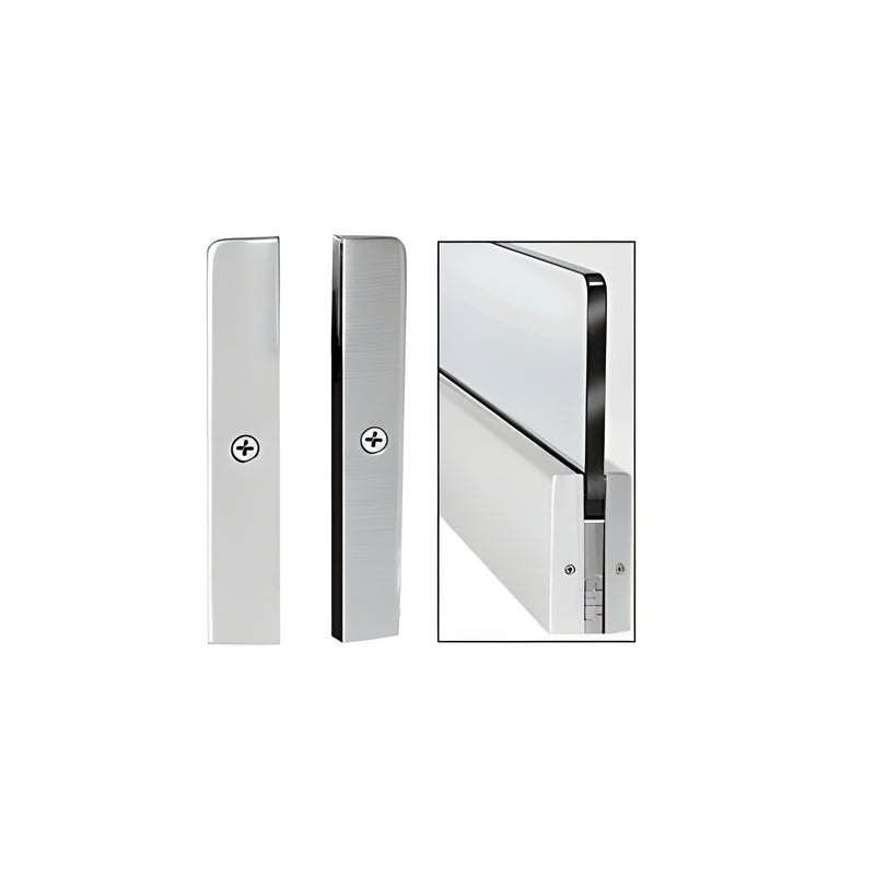A close-up view of the brushed stainless steel split square end cap components and an installed example on a glass railing system.