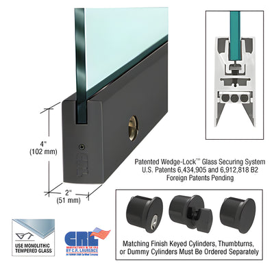CRL Matte Black 1/2" Glass 4" Square Door Rail With Lock - 41" Length