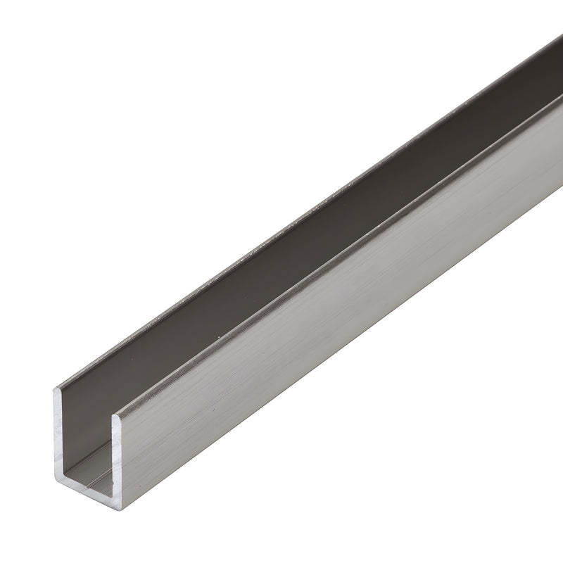 A length of brushed nickel aluminum deep U-channel for frameless shower doors.