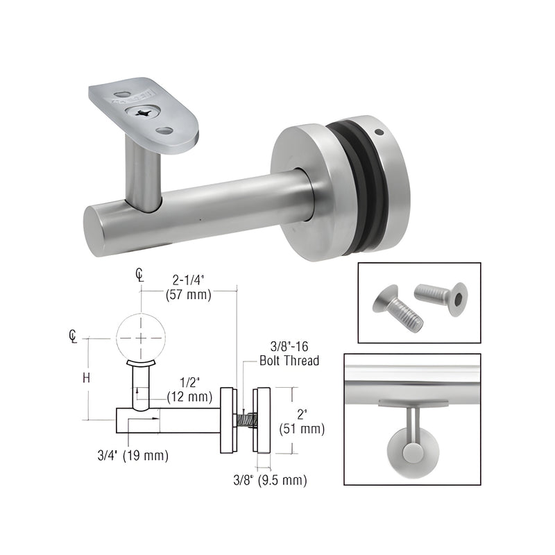 A brushed stainless steel Malibu series glass-mounted hand rail bracket shown with technical diagrams and mounting hardware.