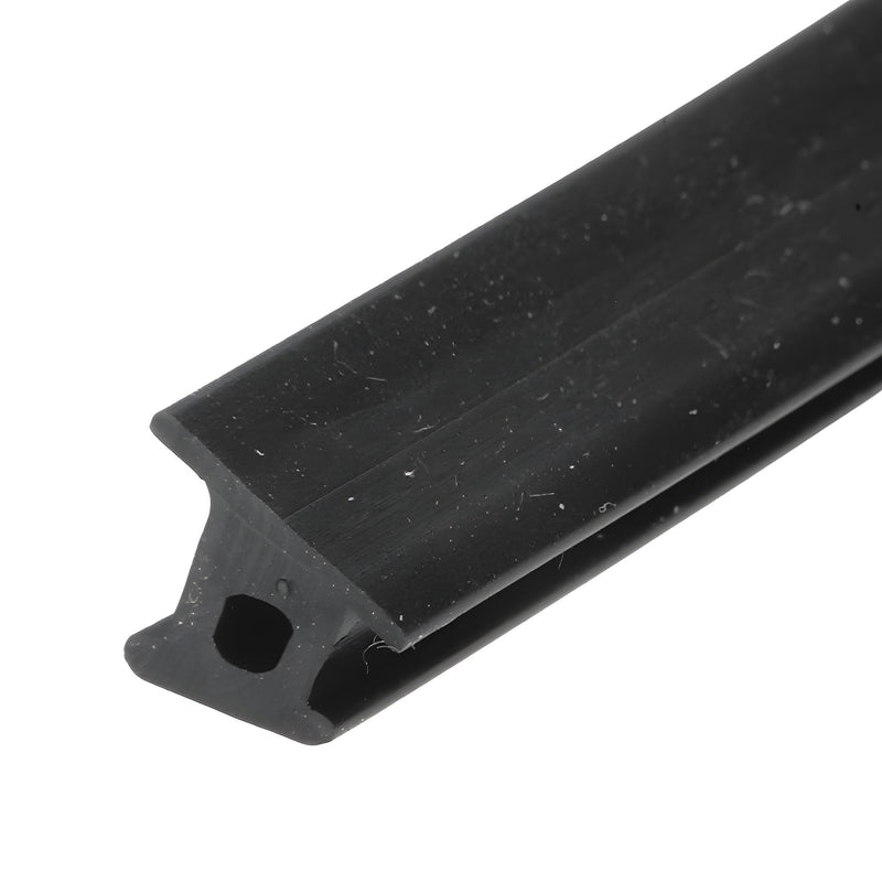 A close-up view of a black rubber gasket strip with a specialized profile for monolithic tempered glass base shoes.