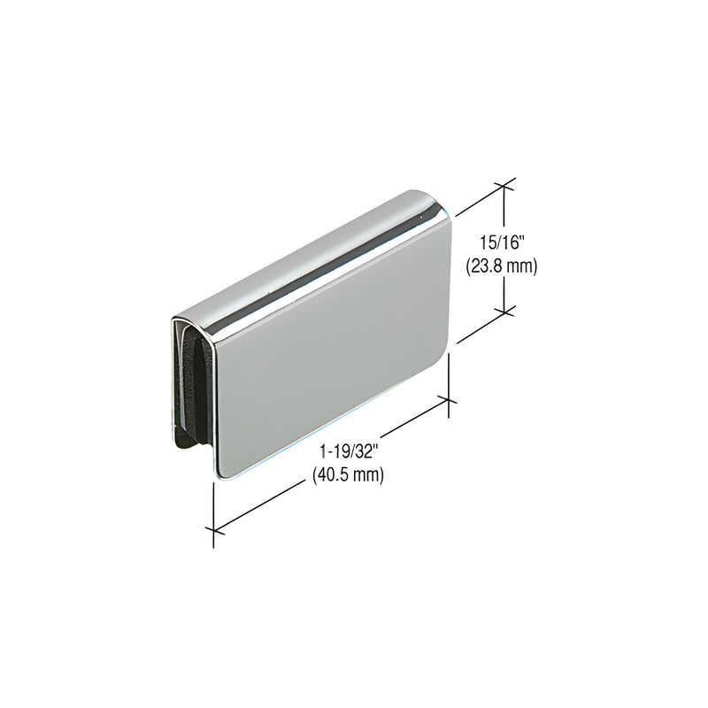 A polished chrome rectangular strike plate for glass doors shown with dimensional measurement lines.