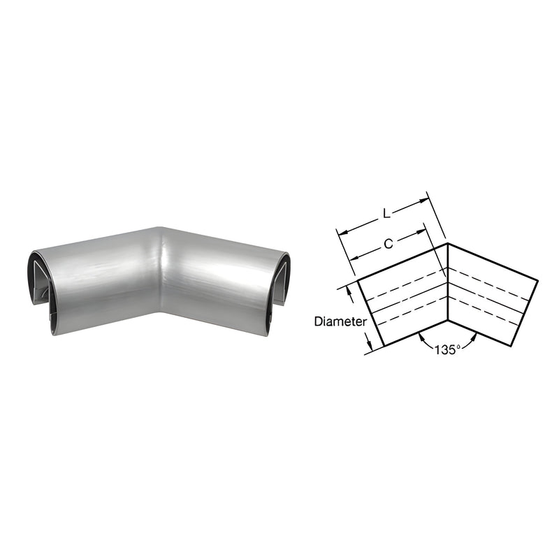 A brushed stainless steel 135-degree horizontal corner fitting for glass cap railings shown next to a technical line drawing.