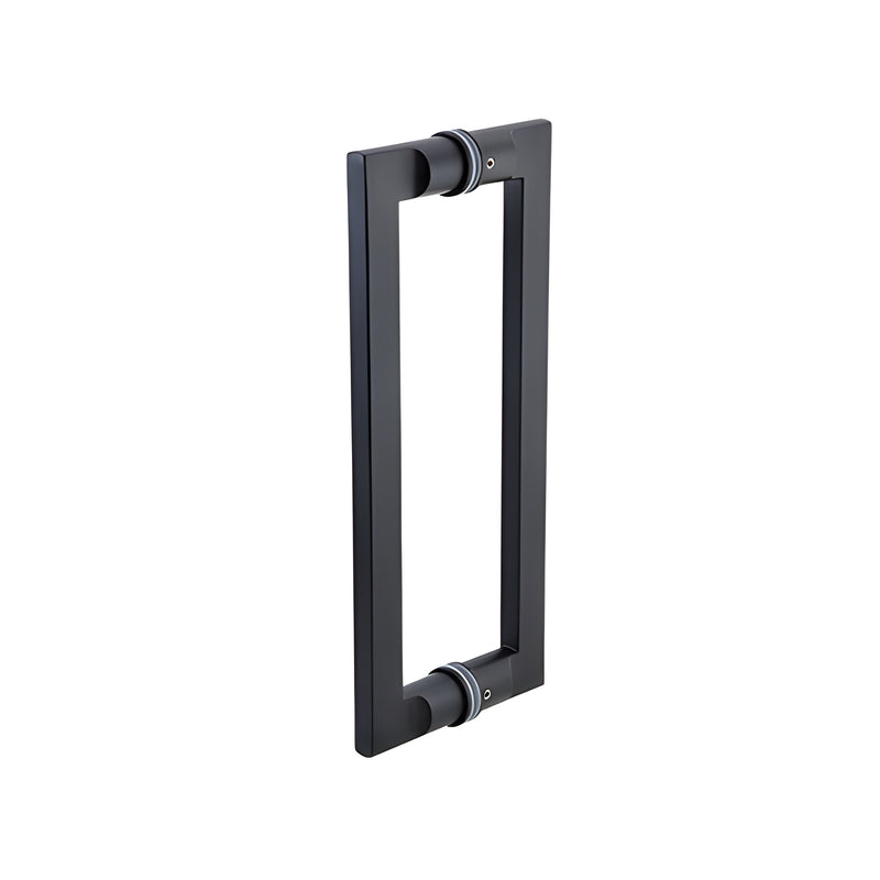 A matte black stainless steel tapered back-to-back pull handle designed for glass mounting.