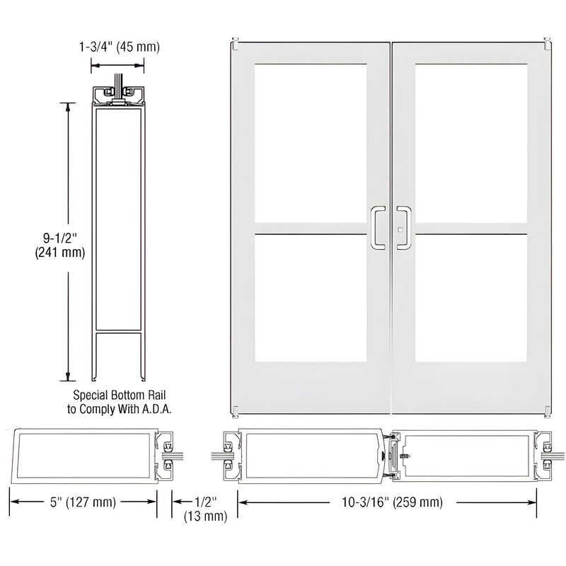 Technical line drawing showing the profile, dimensions, and elevation of a Series 550 wide stile offset pivot entrance door pair with panic hardware.