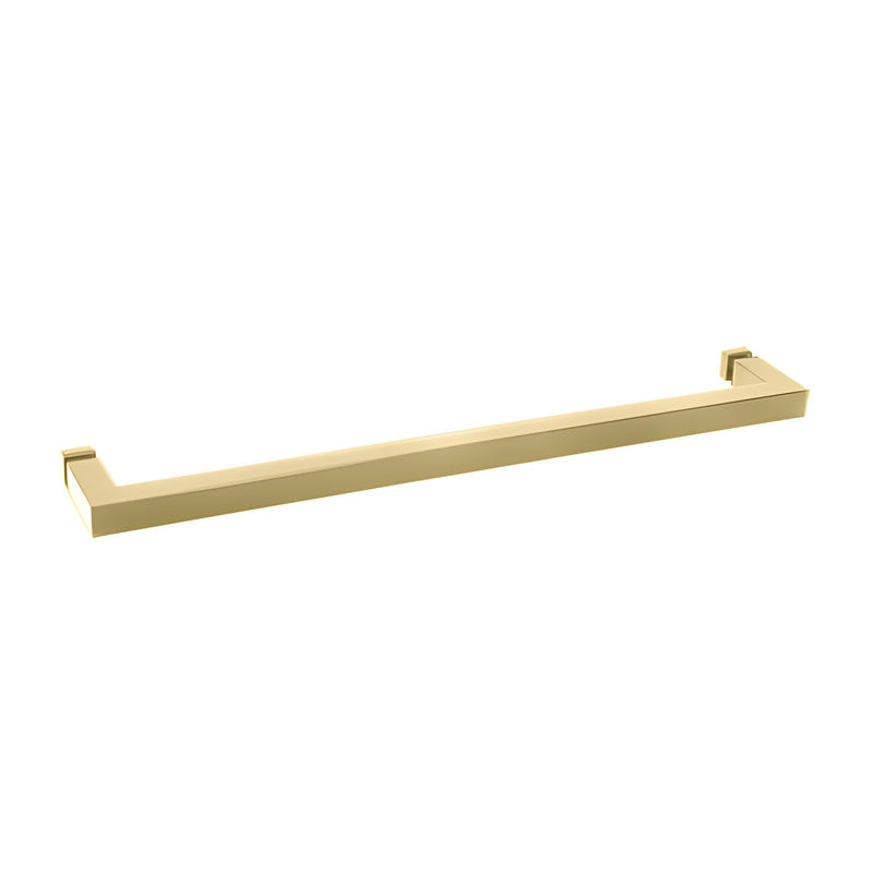 A 24-inch square tubing towel bar in an unlacquered brass finish designed for single-sided glass mounting.