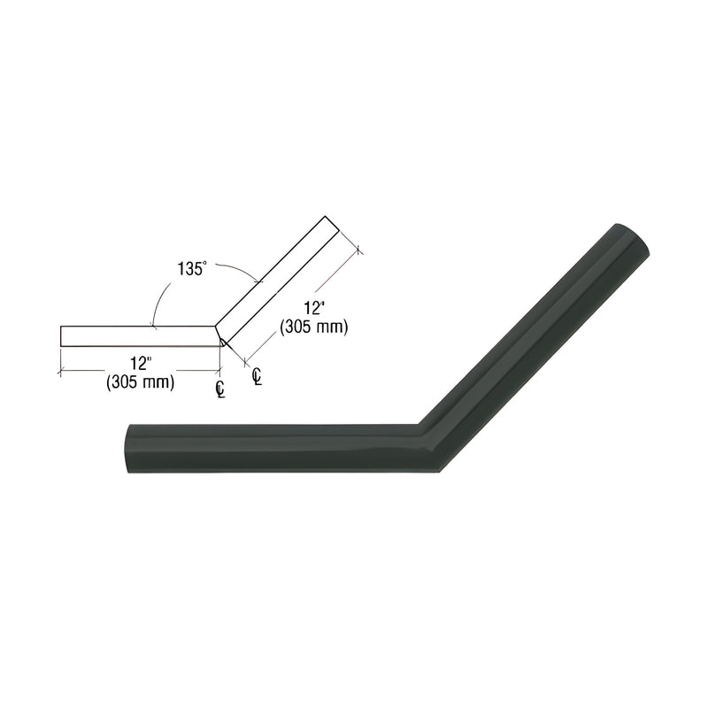 A matte black aluminum 135-degree corner connector for 1-1/2 inch diameter tubing shown with a technical line drawing.
