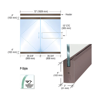 CRL Black Bronze Dry Glazed Frameless Glass 6'-0" P-Style Double Door Complete Entrance Kit - without Lock