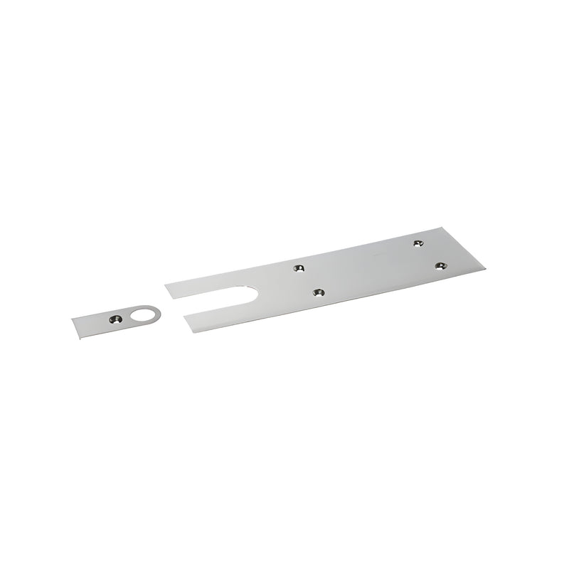 A two-piece polished stainless steel cover plate set designed for Jackson 900 Series floor mounted door closers.