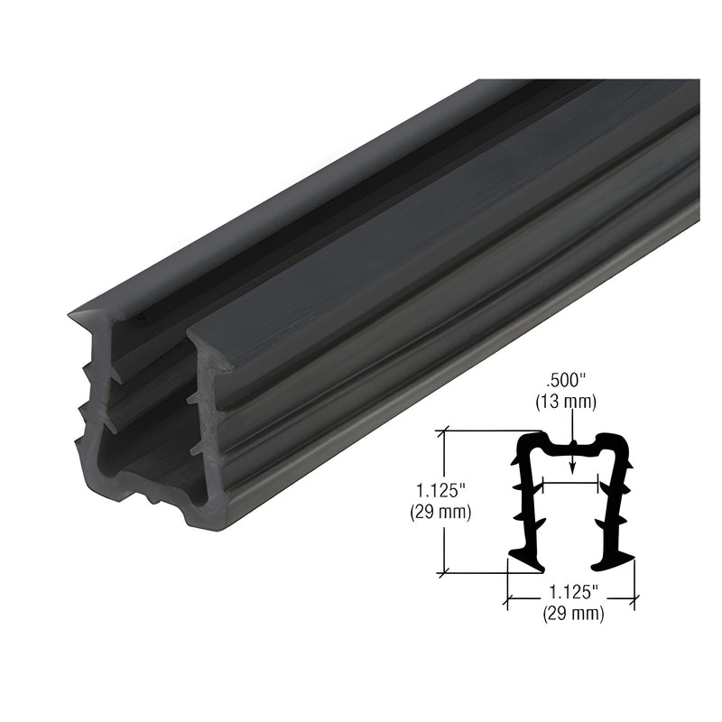 A close-up view of a black rubber cap rail insert featuring a U-shaped profile with internal serrated edges for glass installation.