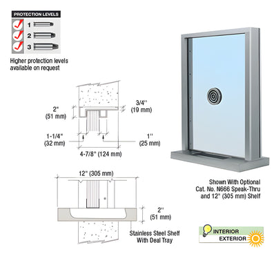 CRL Brushed Stainless Steel Frame Exterior Glazed Exchange Window with 12" Shelf and Deal Tray