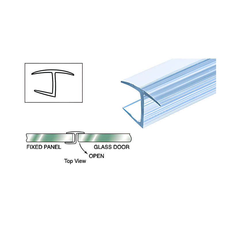 A clear polycarbonate 180-degree H-jamb for 10 mm glass shown with a profile diagram and installation view between a fixed panel and glass door.