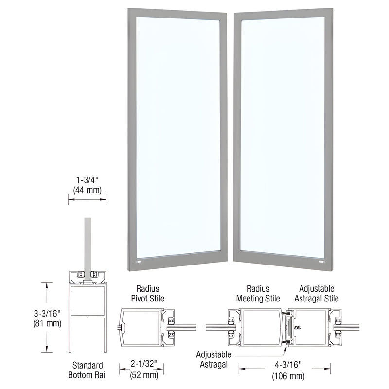 A technical diagram showing a pair of narrow center stile entrance doors with clear anodized finish and cross-section details of the stiles and rails.