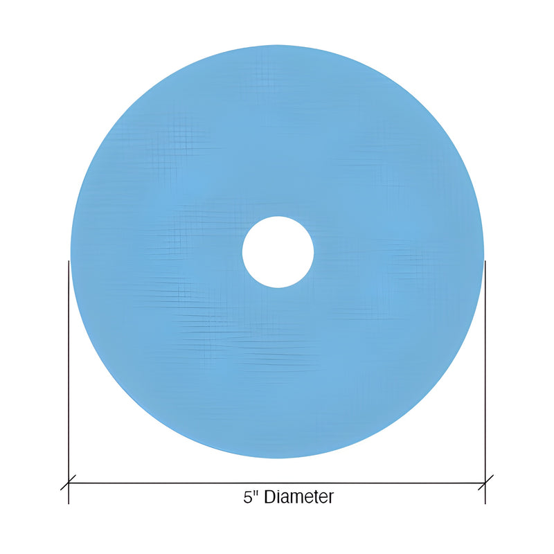 A light blue 5-inch circular 3M Trizact A10 PSA polishing disc with a center hole.