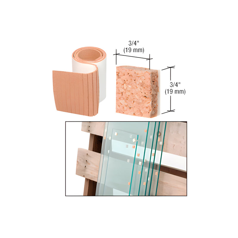 A roll of 3/4-inch square non-adhesive cork shipping pads shown with a single pad and an application example on glass sheets.