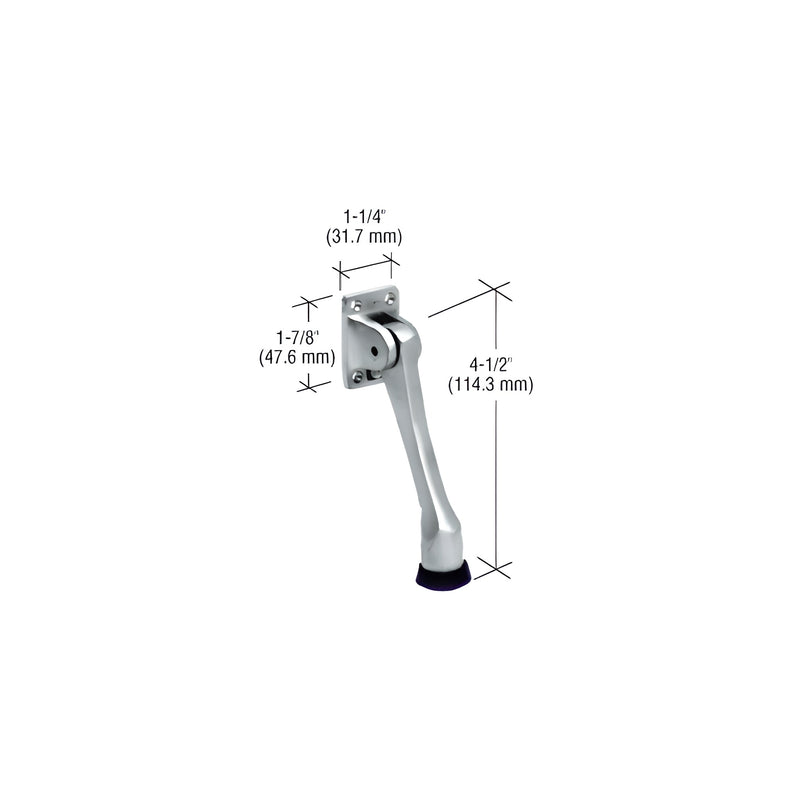 A polished chrome heavy-duty door stop and holder shown with dimension labels for its 4-1/2 inch length and mounting bracket size.