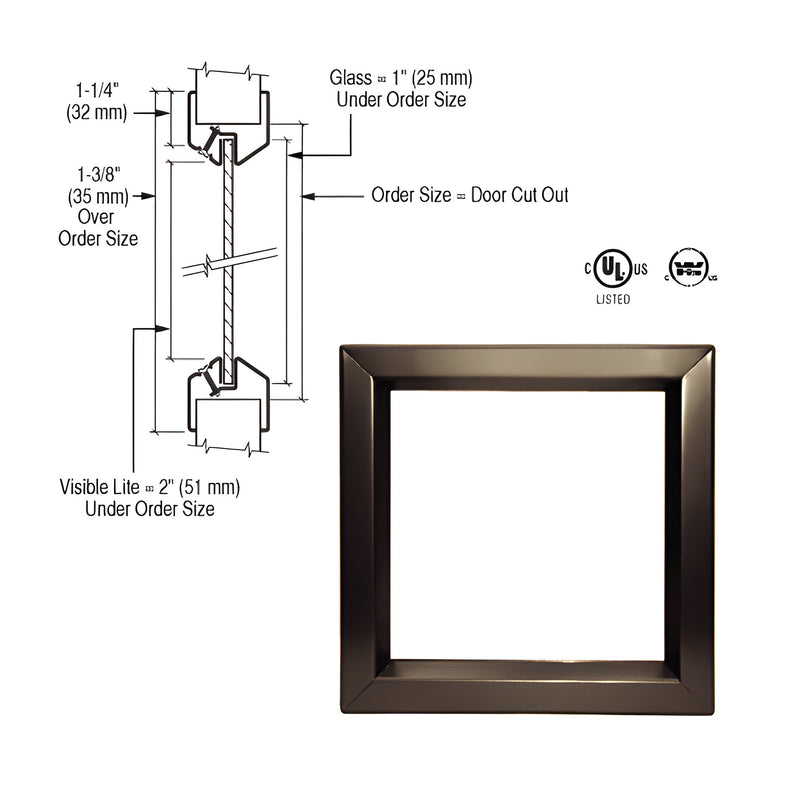 A bronze 24-inch by 24-inch door vision lite frame shown next to a technical cross-section diagram detailing installation dimensions.