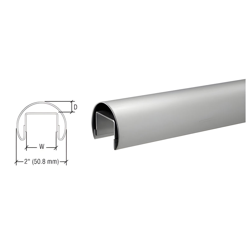 A technical diagram and a perspective view of a 50.8 mm brushed stainless steel cap rail designed for glass railing systems.