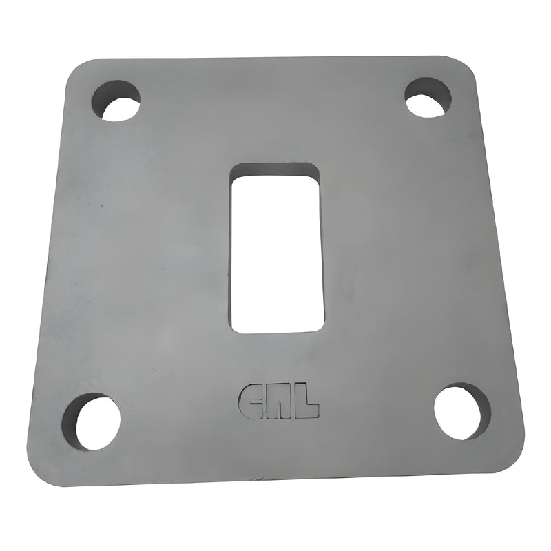 A square stainless steel CRL P9 series base flange with a central rectangular cutout and four corner mounting holes.