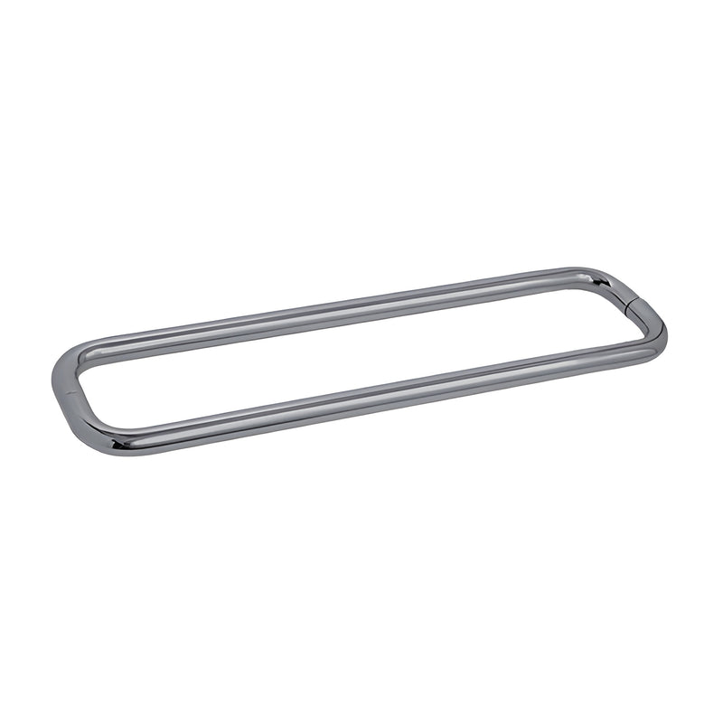 A brushed nickel 24-inch back-to-back tubular towel bar designed for glass mounting.