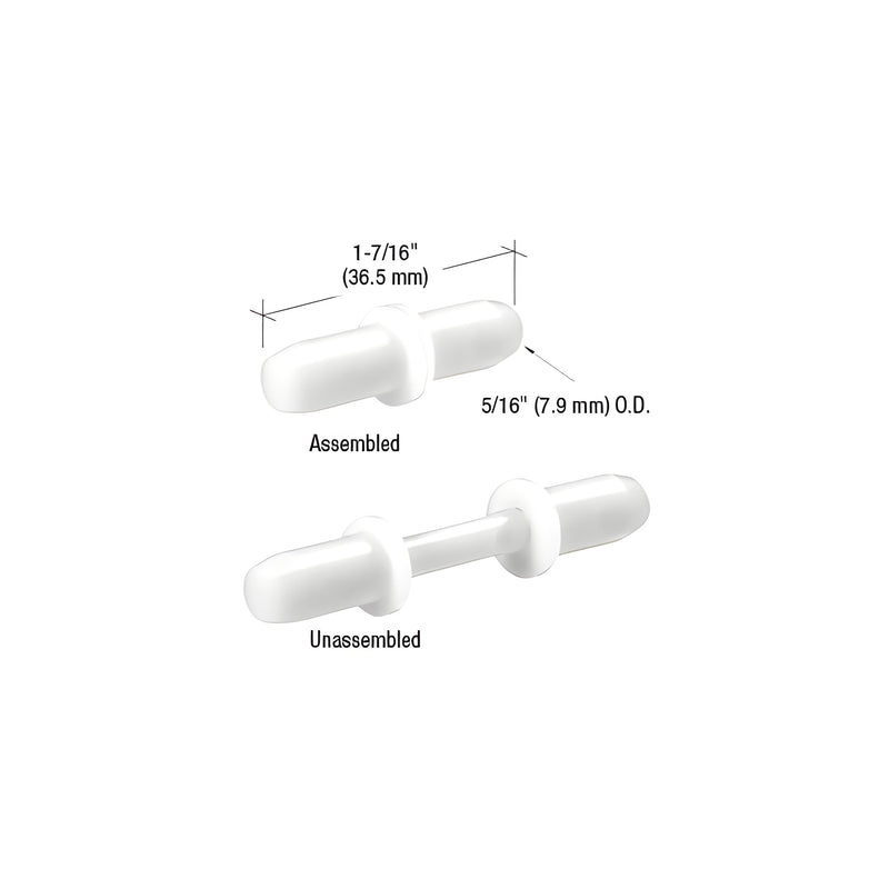 A diagram showing nylon storm door hinge pins in both assembled and unassembled configurations with 5/16 inch diameter and 1-7/16 inch length labels.