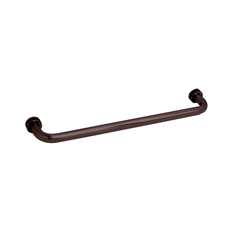 A 24-inch tubular single-sided towel bar in an oil rubbed bronze finish designed for glass mounting.