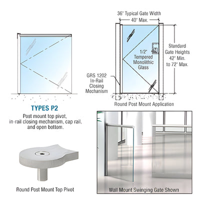 CRL Brushed Stainless 1202 Series Custom Post Mounted Gate w/In-Rail Closing Mechanism, Cap Rail, and Open Bottom