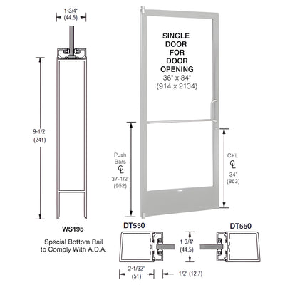 CRL-U.S. Aluminum Clear Anodized 250 Series Narrow Stile (LHR) HLSO Single 3'0 x 7'0 Offset Hung with Pivots for Surface Mount Closer Complete ADA Door, Lock Indicator, Cylinder Guard - for 1" Glazing