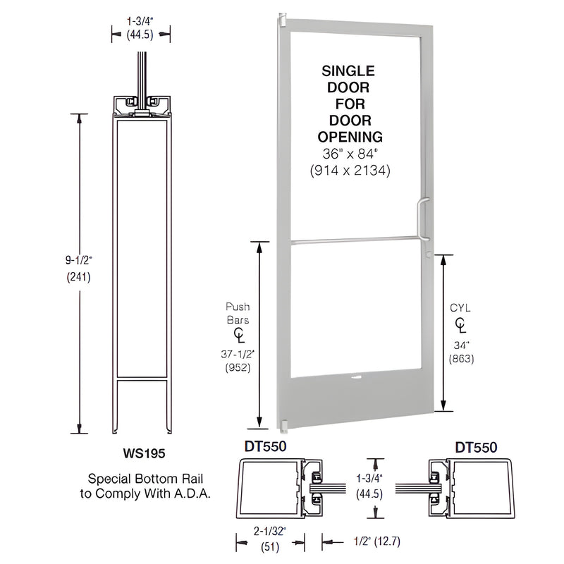 Technical diagram showing a 36-inch by 84-inch single narrow stile aluminum door with ADA-compliant bottom rail and pivot hardware.
