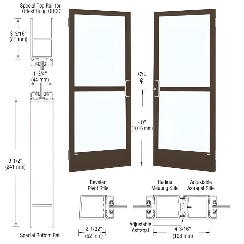 A technical diagram showing a pair of 72" x 84" Series 250 narrow stile entrance doors with black bronze anodized finish and rail profiles.