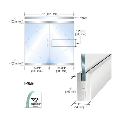 CRL Dry Glazed Frameless Glass 6'-0" P-Style Polished Stainless Double Door Complete Entrance Kit - without Lock