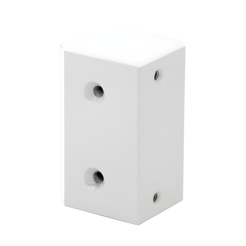 A white rectangular surface mount strike plate block with pre-drilled screw holes.