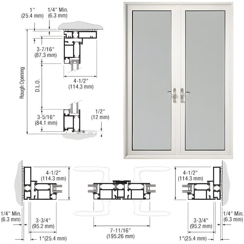 A technical diagram showing the profile and dimensions of a pair of white KYNAR aluminum terrace doors with butt hinges.