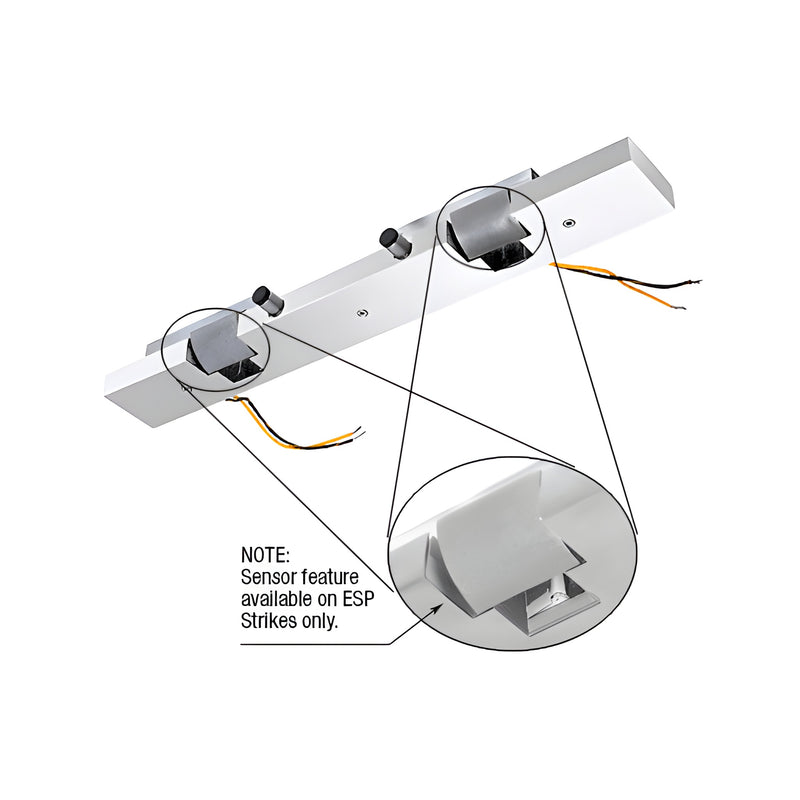A polished stainless steel electric strike keeper for double doors showing two sensor mechanisms and wiring.