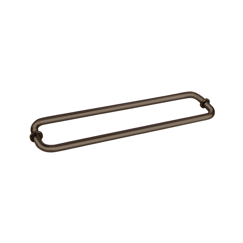 An oil rubbed bronze 18-inch back-to-back tubular towel bar with metal washers for glass mounting.