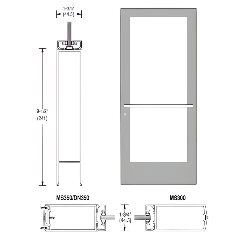 Technical line drawing showing the profile and elevation of a 400 Series medium stile aluminum door with a 9-1/2 inch bottom rail.