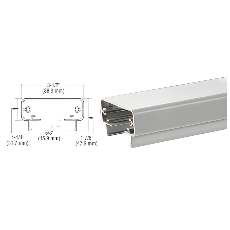 A technical cross-section diagram and a perspective view of the silver metallic aluminum 200 Series top rail.