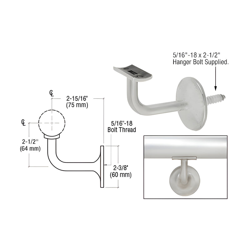 A technical diagram and product view showing the brushed stainless steel Pismo Series wall mounted hand rail bracket with a 2-15/16 inch projection.