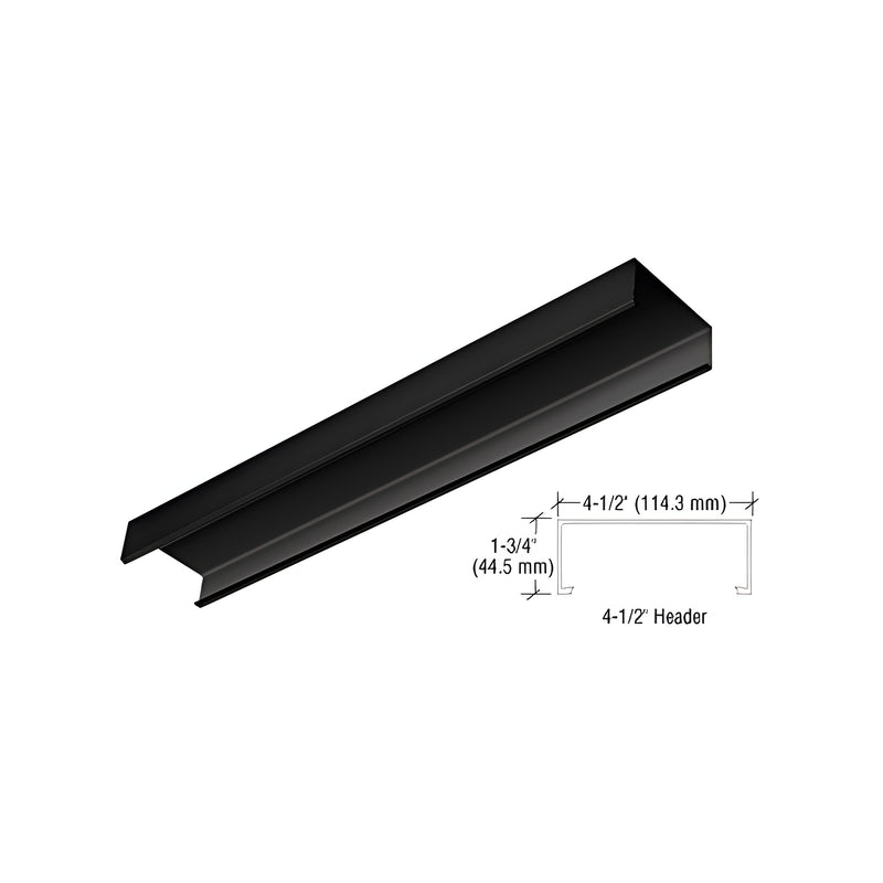 A matte black header channel shown with a technical diagram indicating a 4-1/2 inch width and 1-3/4 inch height.