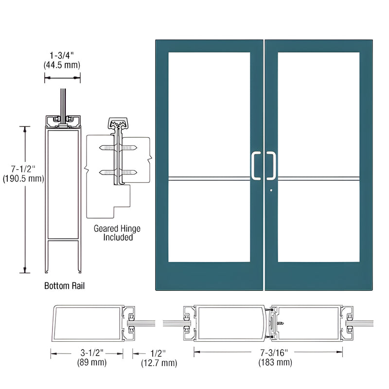 Technical diagram showing the profile, bottom rail dimensions, and elevation of a pair of Series 400 medium stile entrance doors with geared hinges.