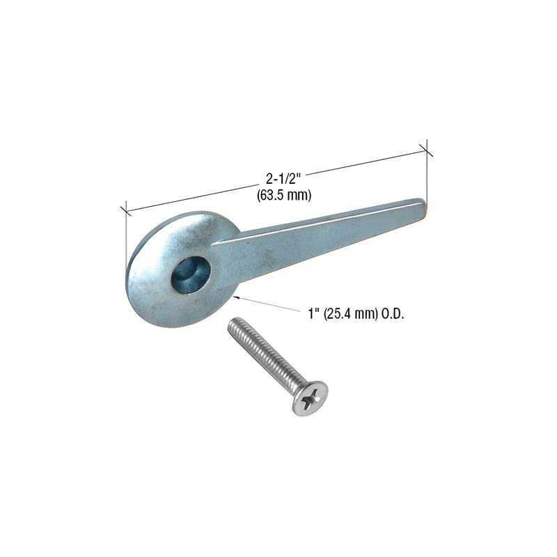 A zinc-finished aluminum sliding screen door latch lever measuring 2-1/2 inches long with its included mounting screw.