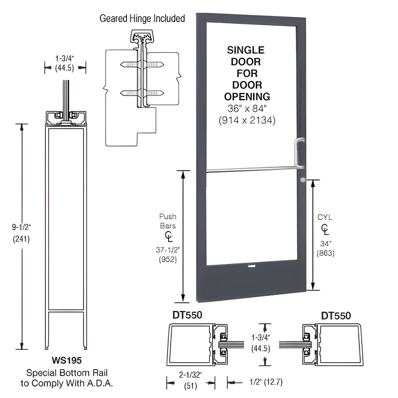 Technical diagram showing a 3'x7' narrow stile single door with geared hinge, push bars, and ADA-compliant bottom rail specifications.