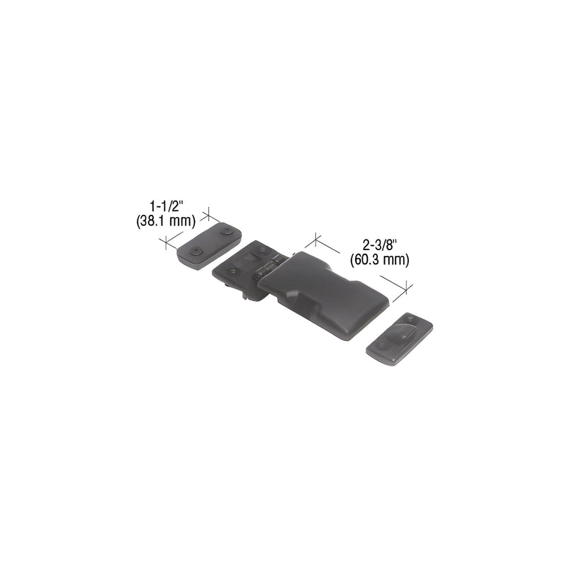 A black plastic replacement latch assembly for Toyota trucks shown with its 2-3/8 inch length and 1-1/2 inch width dimensions.