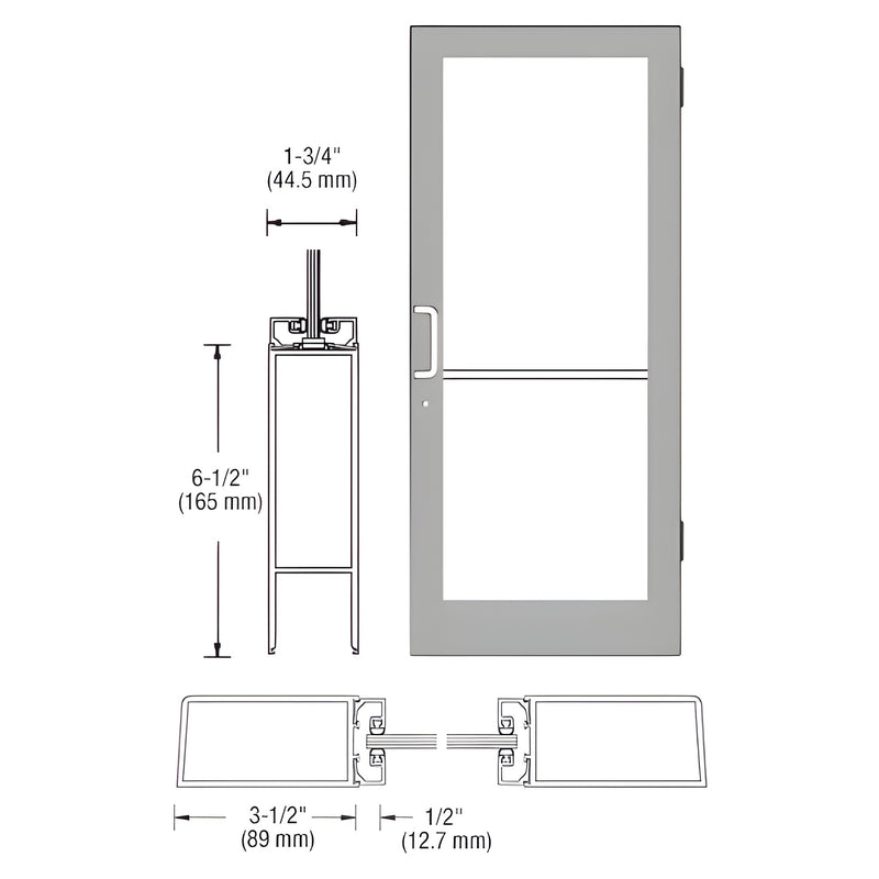 Technical line drawing showing the profile dimensions and elevation of a Series 400 medium stile butt hinge entrance door.