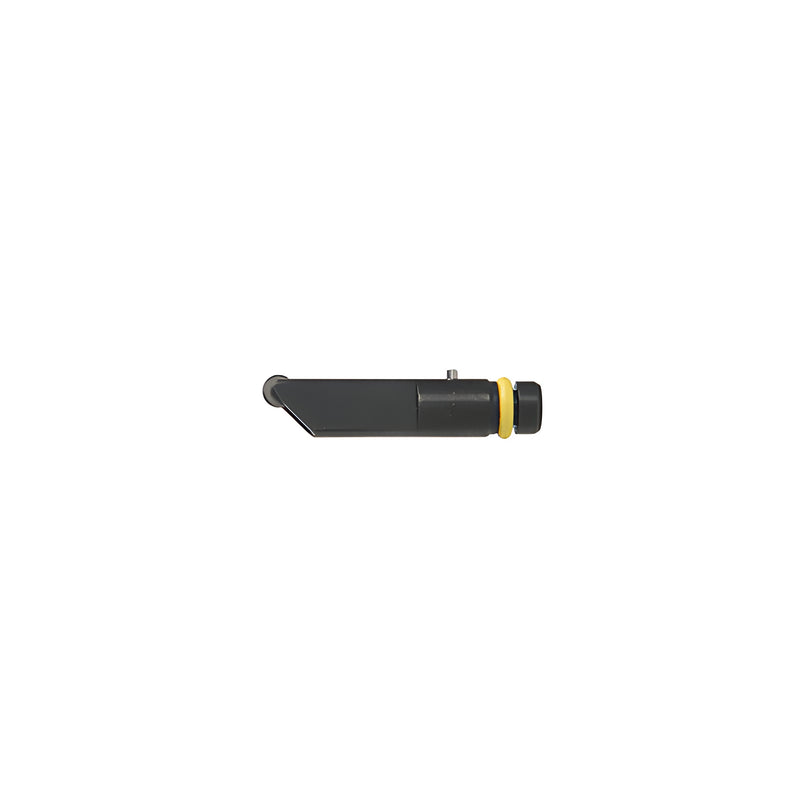 A close-up view of the black CRL Fletcher ScoreMaster art glass cutting head featuring a yellow O-ring and a carbide wheel.