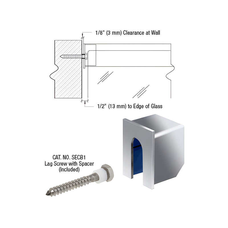 A technical diagram showing installation clearances alongside a polished stainless steel stabilizing end cap and a lag screw with spacer.